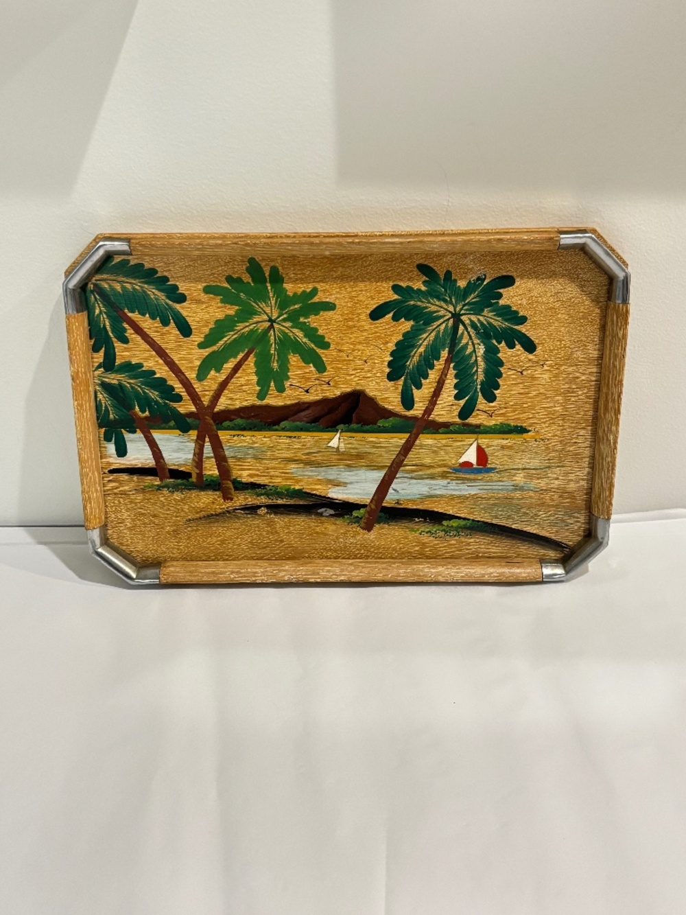 Vintage wooden serving tray painted tropical graphic metal corners made in Japan